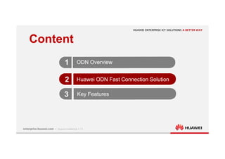 11
Content
ODN Overview
ODN Overview
1
1
2
2 Huawei ODN Fast Connection Solution
Huawei ODN Fast Connection Solution
Key Features
Key Features
3
3
 