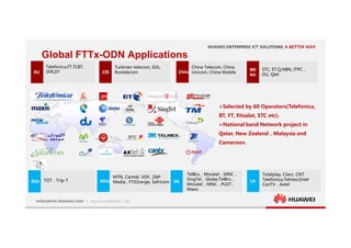 26
LA
SA
EU CIS
Turkmen telecom, SOL,
Rostelecom
China Telecom, China
Unicom, China Mobile
China
ME
NA
STC, ET,Q.NBN, ITPC，
DU, Qtel
ESA TOT，Trip-T Africa
MTN, Camtel, VDF, ZAP
Media , FT(Orange, Safricom
TelBru，Moratel，MNC，
SingTel，Globe,TelBru，
Moratel，MNC，PLDT，
Maxis
Totalplay, Claro, CNT
Telefonica,Telmex,Entel
CanTV，Axtel
Selected by 60 Operators(Telefonica,
BT, FT, Etisalat, STC etc).
National band Network project in
Qatar, New Zealand，Malaysia and
Cameroon.
Global FTTx-ODN Applications
Telefonica,FT,TI,BT,
SFR,DT
 