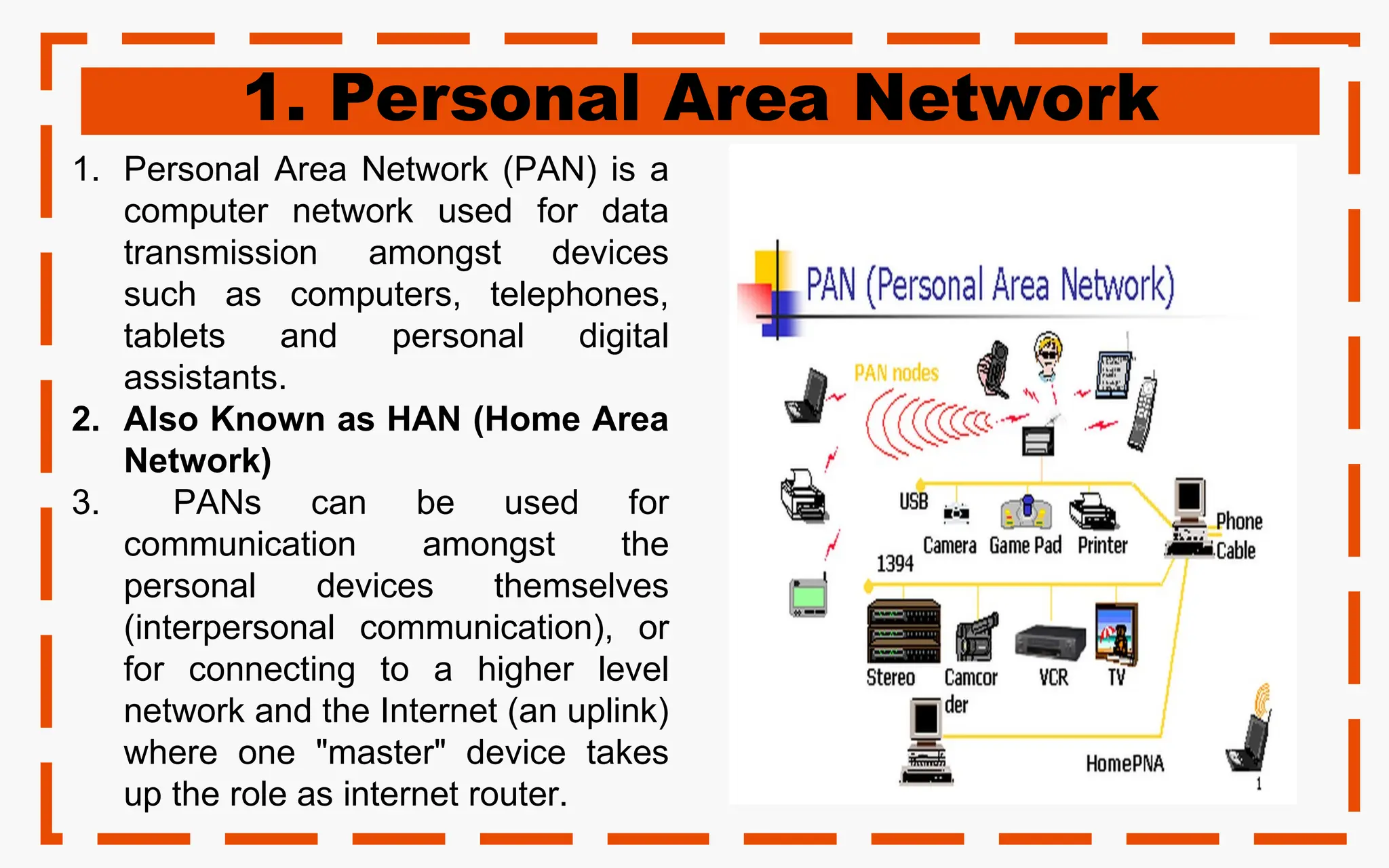 1. Personal Area Network
1. Personal Area Network (PAN) is a
computer network used for data
transmission amongst devices
such as computers, telephones,
tablets and personal digital
assistants.
2. Also Known as HAN (Home Area
Network)
3. PANs can be used for
communication amongst the
personal devices themselves
(interpersonal communication), or
for connecting to a higher level
network and the Internet (an uplink)
where one "master" device takes
up the role as internet router.
 