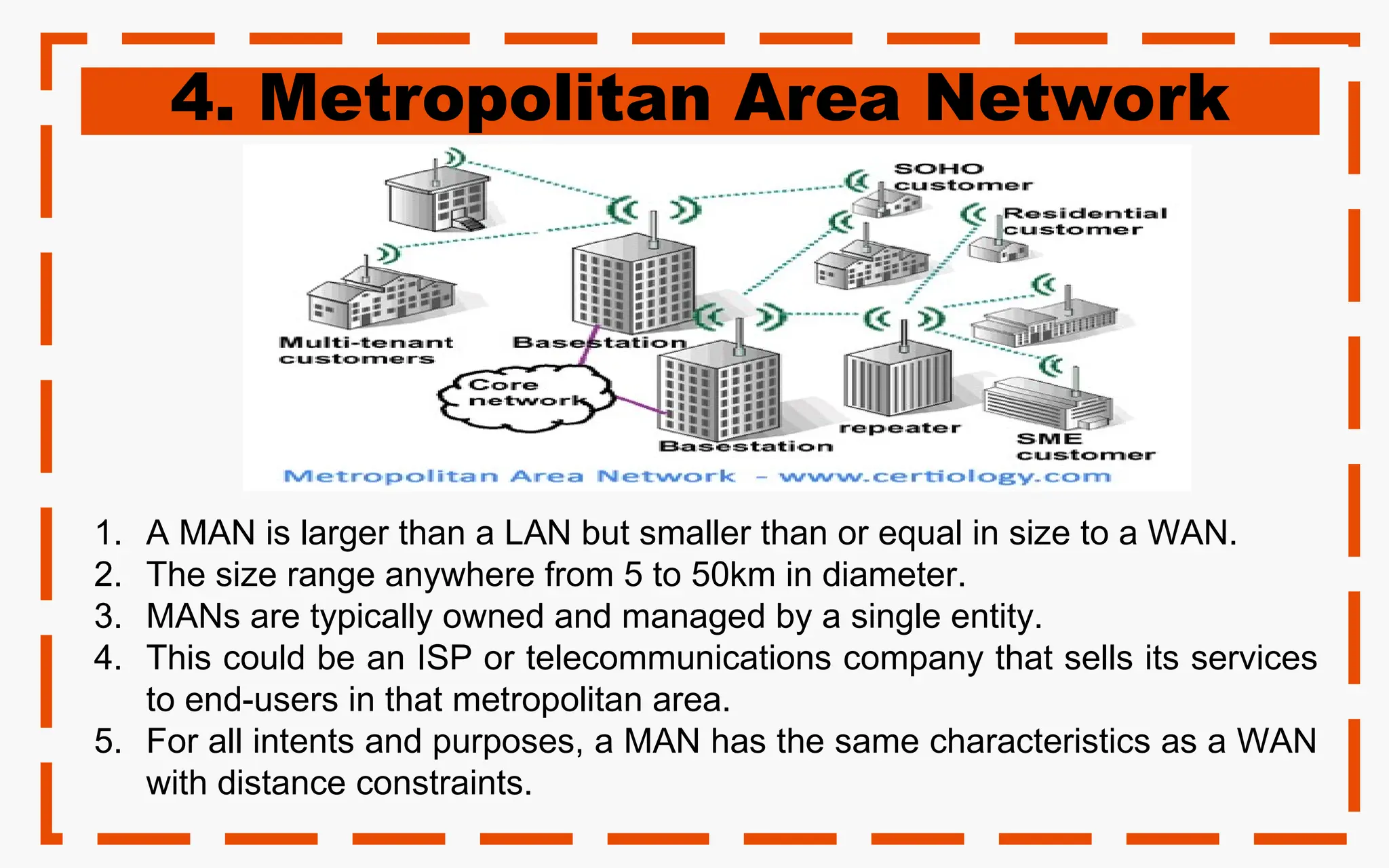4. Metropolitan Area Network
1. A MAN is larger than a LAN but smaller than or equal in size to a WAN.
2. The size range anywhere from 5 to 50km in diameter.
3. MANs are typically owned and managed by a single entity.
4. This could be an ISP or telecommunications company that sells its services
to end-users in that metropolitan area.
5. For all intents and purposes, a MAN has the same characteristics as a WAN
with distance constraints.
 