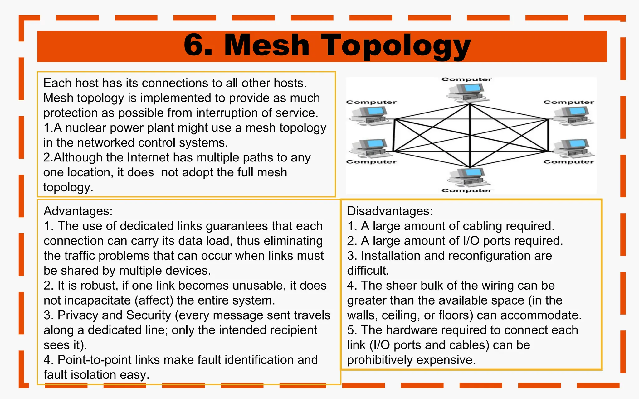 6. Mesh Topology
Each host has its connections to all other hosts.
Mesh topology is implemented to provide as much
protection as possible from interruption of service.
1.A nuclear power plant might use a mesh topology
in the networked control systems.
2.Although the Internet has multiple paths to any
one location, it does not adopt the full mesh
topology.
Disadvantages:
1. A large amount of cabling required.
2. A large amount of I/O ports required.
3. Installation and reconfiguration are
difficult.
4. The sheer bulk of the wiring can be
greater than the available space (in the
walls, ceiling, or floors) can accommodate.
5. The hardware required to connect each
link (I/O ports and cables) can be
prohibitively expensive.
Advantages:
1. The use of dedicated links guarantees that each
connection can carry its data load, thus eliminating
the traffic problems that can occur when links must
be shared by multiple devices.
2. It is robust, if one link becomes unusable, it does
not incapacitate (affect) the entire system.
3. Privacy and Security (every message sent travels
along a dedicated line; only the intended recipient
sees it).
4. Point-to-point links make fault identification and
fault isolation easy.
 