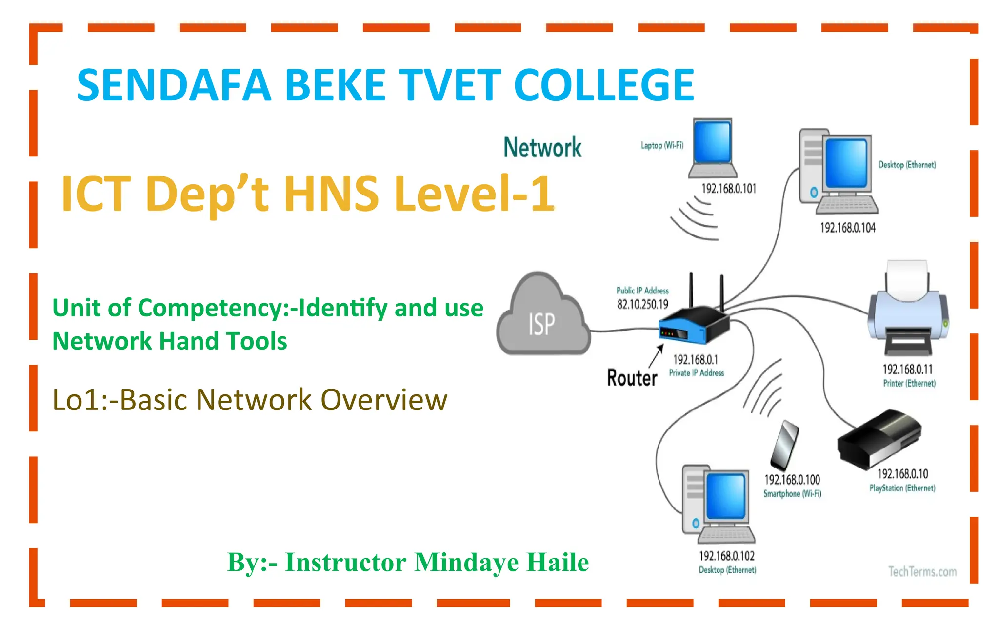 Unit of Competency:-Identify and use
Network Hand Tools
By:- Instructor Mindaye Haile
SENDAFA BEKE TVET COLLEGE
Lo1:-Basic Network Overview
ICT Dep’t HNS Level-1
 