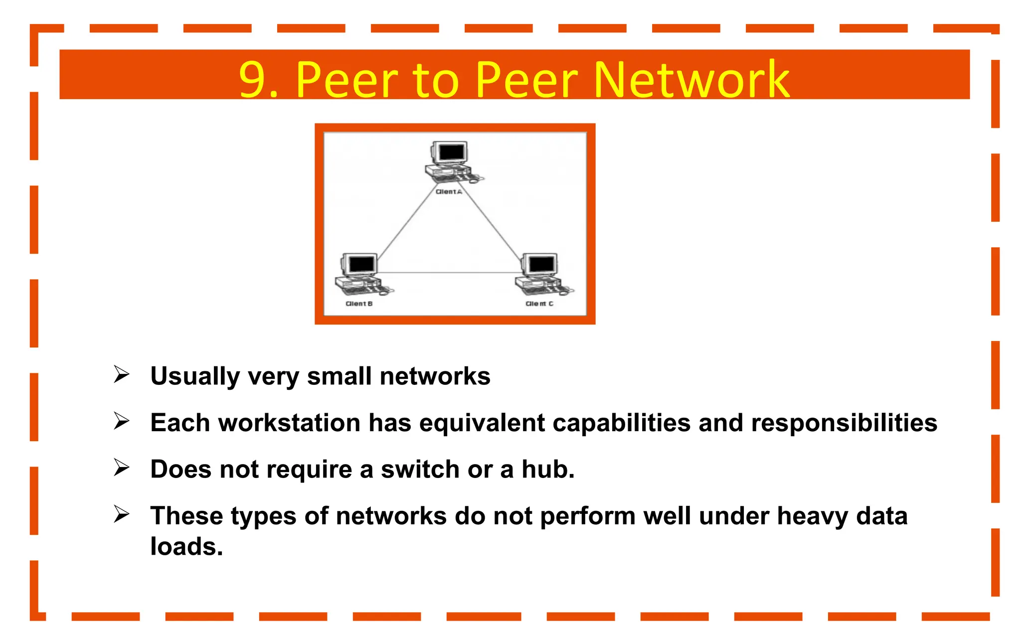 9. Peer to Peer Network
 Usually very small networks
 Each workstation has equivalent capabilities and responsibilities
 Does not require a switch or a hub.
 These types of networks do not perform well under heavy data
loads.
 