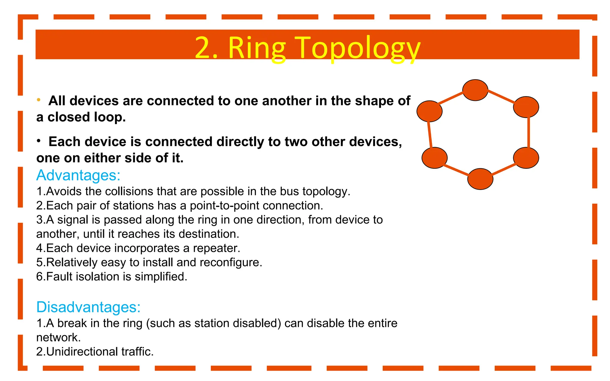 2. Ring Topology
• All devices are connected to one another in the shape of
a closed loop.
• Each device is connected directly to two other devices,
one on either side of it.
Advantages:
1.Avoids the collisions that are possible in the bus topology.
2.Each pair of stations has a point-to-point connection.
3.A signal is passed along the ring in one direction, from device to
another, until it reaches its destination.
4.Each device incorporates a repeater.
5.Relatively easy to install and reconfigure.
6.Fault isolation is simplified.
Disadvantages:
1.A break in the ring (such as station disabled) can disable the entire
network.
2.Unidirectional traffic.
 