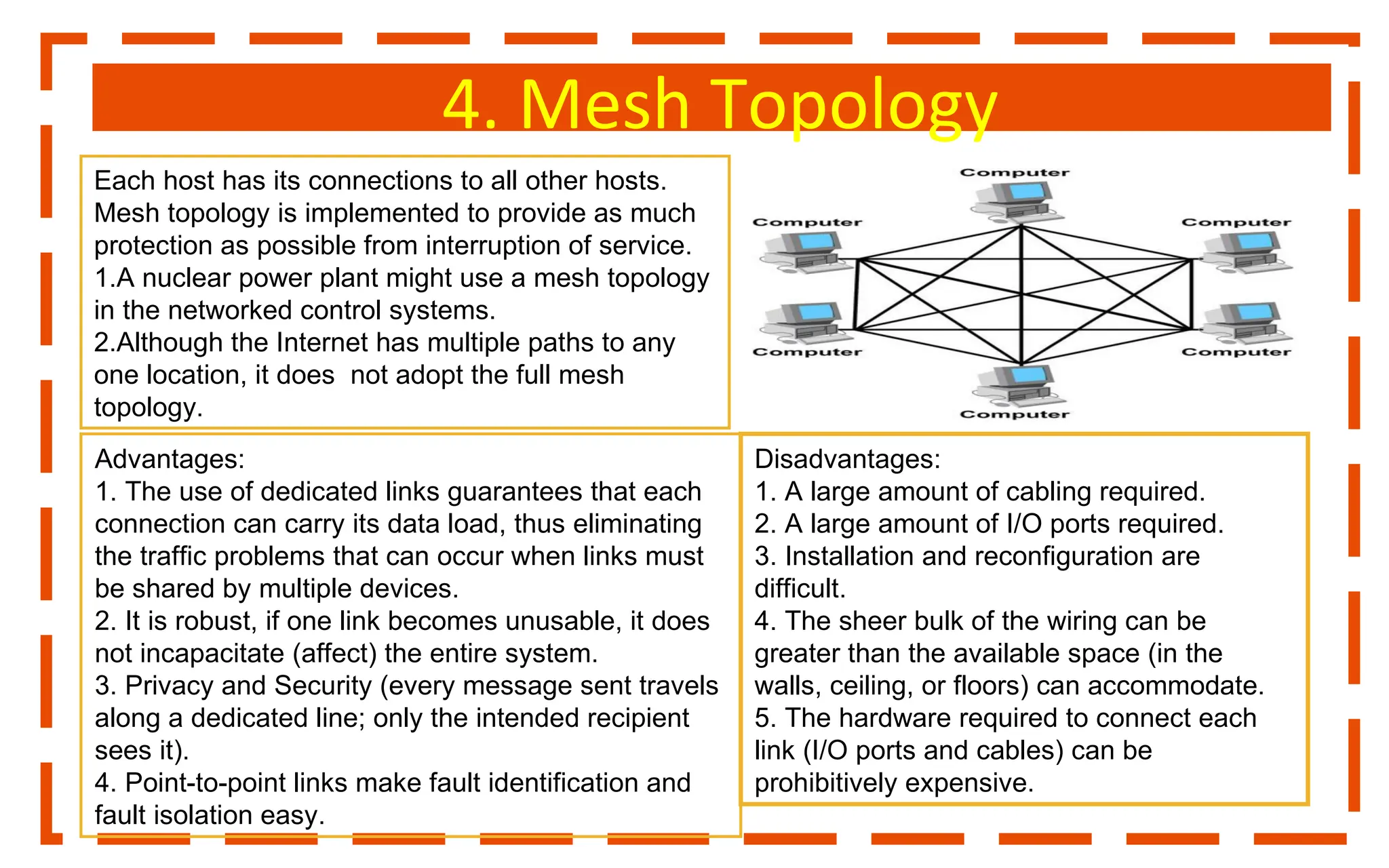 4. Mesh Topology
Each host has its connections to all other hosts.
Mesh topology is implemented to provide as much
protection as possible from interruption of service.
1.A nuclear power plant might use a mesh topology
in the networked control systems.
2.Although the Internet has multiple paths to any
one location, it does not adopt the full mesh
topology.
Disadvantages:
1. A large amount of cabling required.
2. A large amount of I/O ports required.
3. Installation and reconfiguration are
difficult.
4. The sheer bulk of the wiring can be
greater than the available space (in the
walls, ceiling, or floors) can accommodate.
5. The hardware required to connect each
link (I/O ports and cables) can be
prohibitively expensive.
Advantages:
1. The use of dedicated links guarantees that each
connection can carry its data load, thus eliminating
the traffic problems that can occur when links must
be shared by multiple devices.
2. It is robust, if one link becomes unusable, it does
not incapacitate (affect) the entire system.
3. Privacy and Security (every message sent travels
along a dedicated line; only the intended recipient
sees it).
4. Point-to-point links make fault identification and
fault isolation easy.
 