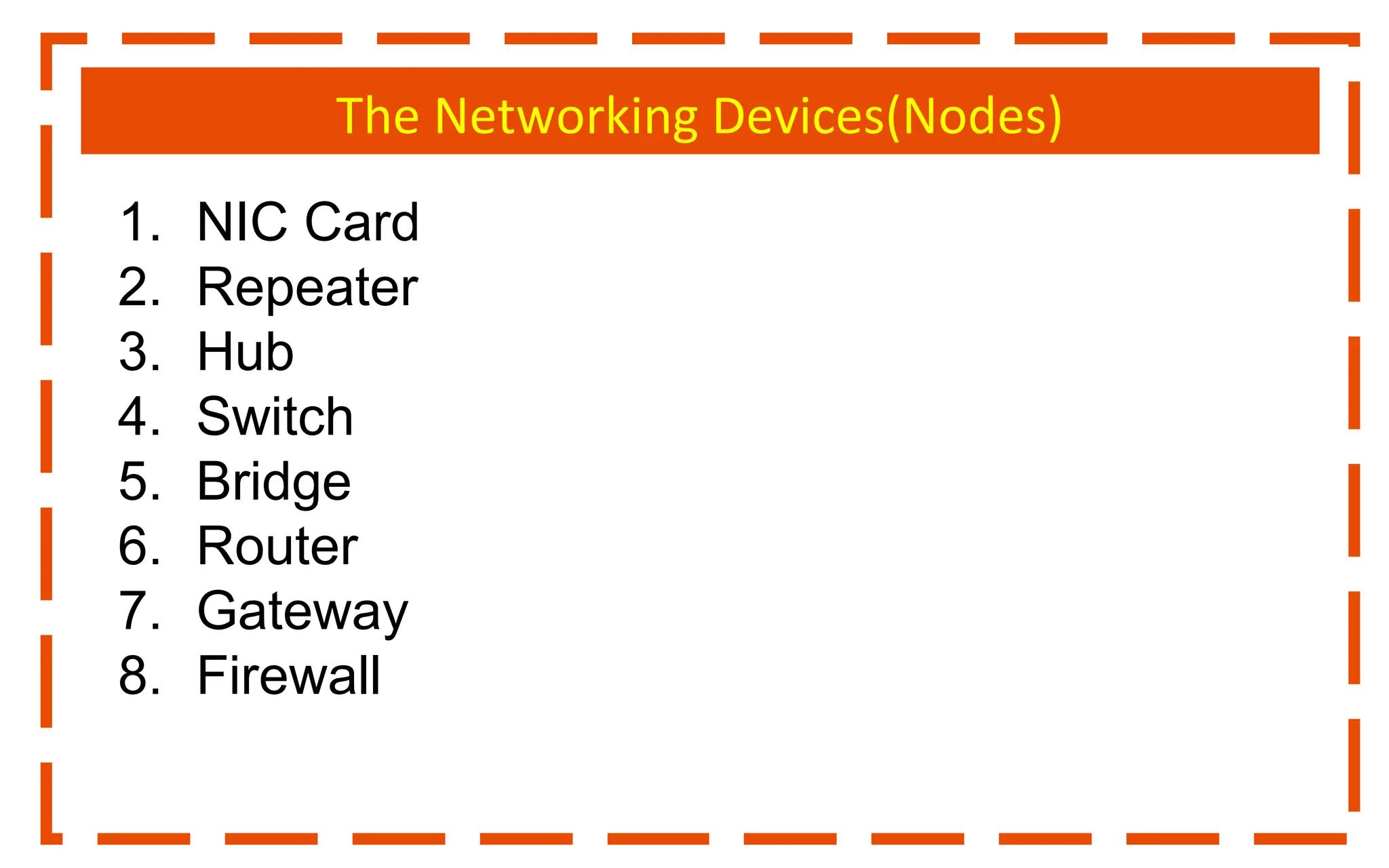The Networking Devices(Nodes)
1. NIC Card
2. Repeater
3. Hub
4. Switch
5. Bridge
6. Router
7. Gateway
8. Firewall
 