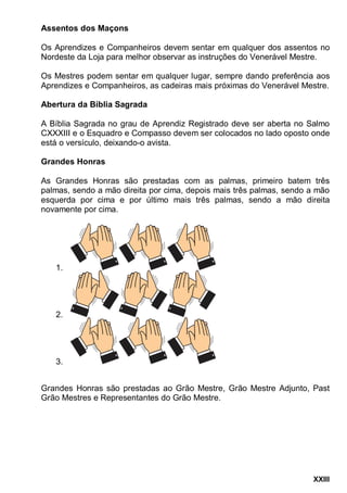 XXIII
Assentos dos Maçons
Os Aprendizes e Companheiros devem sentar em qualquer dos assentos no
Nordeste da Loja para melhor observar as instruções do Venerável Mestre.
Os Mestres podem sentar em qualquer lugar, sempre dando preferência aos
Aprendizes e Companheiros, as cadeiras mais próximas do Venerável Mestre.
Abertura da Bíblia Sagrada
A Bíblia Sagrada no grau de Aprendiz Registrado deve ser aberta no Salmo
CXXXIII e o Esquadro e Compasso devem ser colocados no lado oposto onde
está o versículo, deixando-o avista.
Grandes Honras
As Grandes Honras são prestadas com as palmas, primeiro batem três
palmas, sendo a mão direita por cima, depois mais três palmas, sendo a mão
esquerda por cima e por último mais três palmas, sendo a mão direita
novamente por cima.
1.
2.
3.
Grandes Honras são prestadas ao Grão Mestre, Grão Mestre Adjunto, Past
Grão Mestres e Representantes do Grão Mestre.
 