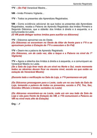 Aprendiz Registrado
7
1ºV – (Sn Fid) Venerável Mestre...
VM – Irmão Primeiro Vigilante...
1ºV – Todos os presentes são Aprendizes Registrados.
VM – Como evidência adicional de que todos os presentes são Aprendizes
Registrados, receba a Palavra de Aprendiz Registrado dos Irmãos Primeiro e
Segundo Diáconos, que a obterão dos Irmãos à direita e à esquerda, e a
comunicarão no Leste.
(O VM pode delegar outros irmãos para auxiliar os diáconos)
1ºV – Diáconos aproximai-vos do Oeste.
(Os Diáconos se encontram no Oeste do Altar de frente para o 1ºV e se
aproximam juntos à Estação do 1ºV e executam o Sn Fid)
1ºV – Deem-me a palavra de Aprendiz Registrado.
(Os Diáconos, um de cada vez, dão o toque e a Palavra no nível do 1º
Vigilante)
1ºV – Agora a obtenha dos Irmãos à direita e à esquerda, e a comuniquem ao
Venerável Mestre no Leste.
(Se a Sala da Loja tiver mais de um nível no Norte e Sul, neste momento
todos os obreiros devem ﬁcar no mesmo nível, exceto os que estão na
estação do Venerável Mestre)
(Durante toda a veriﬁcação na Sala da Loja, o 1ºV permanece em pé)
(Os Diáconos prosseguem para o Leste, cada um no seu lado da Sala da
Loja, tomando a palavra de todos os presentes, exceto o 2ºV, Tes, Sec,
Grandes Oﬁciais e Irmãos sentados no Leste)
(Os diáconos encontram-se no Leste, cada um em seu lado da Sala da
Loja e vão para frente da Estação do VM, o 1ºD comunicará a Palavra ao
VM no nível mais alto da Estação)
Org – 
 