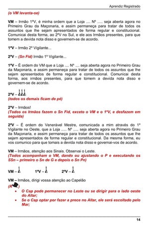 Aprendiz Registrado
14
(o VM levanta-se)
VM – Irmão 1ºV, é minha ordem que a Loja .... Nº ..... seja aberta agora no
Primeiro Grau da Maçonaria, e assim permaneça para tratar de todos os
assuntos que lhe sejam apresentados de forma regular e constitucional.
Comunicai desta forma, ao 2ºV no Sul, e ele aos Irmãos presentes, para que
tomem a devida nota disso e governem-se de acordo.
1ºV – Irmão 2º Vigilante...
2ºV – (Sn Fid) Irmão 1º Vigilante...
1ºV – É ordem do VM que a Loja .... Nº .... seja aberta agora no Primeiro Grau
da Maçonaria, e assim permaneça para tratar de todos os assuntos que lhe
sejam apresentados de forma regular e constitucional. Comunicai desta
forma, aos irmãos presentes, para que tomem a devida nota disso e
governem-se de acordo.
2ºV –
(todos os demais ficam de pé)
2ºV – Irmãos!
(Todos os Irmãos fazem o Sn Fid, exceto o VM e o 1ºV, e desfazem em
seguida)
2ºV – É ordem do Venerável Mestre, comunicada a mim através do 1º
Vigilante no Oeste, que a Loja ..... Nº ..... seja aberta agora no Primeiro Grau
da Maçonaria, e assim permaneça para tratar de todos os assuntos que lhe
sejam apresentados de forma regular e constitucional. Da mesma forma, eu
vos comunico para que tomais a devida nota disso e governai-vos de acordo.
VM – Irmãos, atenção aos Sinais. Observai o Leste.
(Todos acompanham o VM, dando ou ajustando o P e executando os
SSn – primeiro o Sn de G e depois o Sn Pn)
VM – 1ºV – 2ºV –
VM – Irmãos, dirigi vossa atenção ao Capelão
(R )
 O Cap pode permanecer no Leste ou se dirigir para o lado oeste
do Altar;
 Se o Cap optar por fazer a prece no Altar, ele será escoltado pelo
Mar;
 