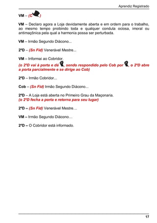 Aprendiz Registrado
17
VM – (C )
VM – Declaro agora a Loja devidamente aberta e em ordem para o trabalho,
ao mesmo tempo proibindo toda e qualquer conduta ociosa, imoral ou
antimaçônica pela qual a harmonia possa ser perturbada.
VM – Irmão Segundo Diácono...
2ºD – (Sn Fid) Venerável Mestre...
VM – Informai ao Cobridor.
(o 2ºD vai à porta e dá , sendo respondido pelo Cob por , o 2ºD abre
a porta parcialmente e se dirige ao Cob)
2ºD – Irmão Cobridor...
Cob – (Sn Fid) Irmão Segundo Diácono...
2ºD – A Loja está aberta no Primeiro Grau da Maçonaria.
(o 2ºD fecha a porta e retorna para seu lugar)
2ºD – (Sn Fid) Venerável Mestre…
VM – Irmão Segundo Diácono…
2ºD – O Cobridor está informado.
 