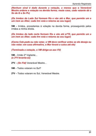 Aprendiz Registrado
31
(Nenhum sinal é dado durante a votação, a menos que o Venerável
Mestre ordene a votação na devida forma; neste caso, cada votante dá o
Sn de G e Sn Pn)
(Os Irmãos do Lado Sul formam fila e vão até o Mar, que permite um a
um irem ao Altar; cada Irm vota e retorna ao seu lugar)
VM – Irmãos, procedamos à votação na devida forma, prosseguindo pelos
irmãos a minha direita.
(Os Irmãos do lado norte formam fila e vão até o1ºD, que permite um a
um irem ao Altar; cada Irm vota e retorna ao seu lugar)
(Como Cob pode ou não votar, o VM deve verificar antes se ele deseja ou
não votar; em caso afirmativo, o Mar levará a caixa até ele)
(Terminada a votação, o VM dirige-se aos VV)
VM – Irmão 2º Vigilante...
(o 2ºV levanta-se)
2ºV – (Sn Fid) Venerável Mestre...
VM – Todos votaram no Sul?
2ºV – Todos votaram no Sul, Venerável Mestre.
 