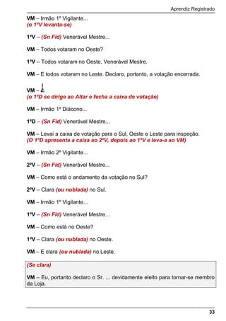 Aprendiz Registrado
33
VM – Irmão 1º Vigilante...
(o 1ºV levanta-se)
1ºV – (Sn Fid) Venerável Mestre...
VM – Todos votaram no Oeste?
1ºV – Todos votaram no Oeste, Venerável Mestre.
VM – E todos votaram no Leste. Declaro, portanto, a votação encerrada.
VM –
(o 1ºD se dirige ao Altar e fecha a caixa de votação)
VM – Irmão 1º Diácono...
1ºD – (Sn Fid) Venerável Mestre...
VM – Levai a caixa de votação para o Sul, Oeste e Leste para inspeção.
(O 1ºD apresenta a caixa ao 2ºV, depois ao 1ºV e leva-a ao VM)
VM – Irmão 2º Vigilante...
2ºV – (Sn Fid) Venerável Mestre...
VM – Como está o andamento da votação no Sul?
2ºV – Clara (ou nublada) no Sul.
VM – Irmão 1º Vigilante...
1ºV – (Sn Fid) Venerável Mestre...
VM – Como está no Oeste?
1ºV – Clara (ou nublada) no Oeste.
VM – E clara (ou nublada) no Leste.
(Se clara)
VM – Eu, portanto declaro o Sr. ... devidamente eleito para tornar-se membro
da Loja.
 