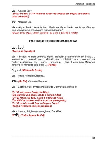 Aprendiz Registrado
35
VM – Algo no Sul?
(Se for o caso, o 2ºV relata os casos de doença ou aﬂição de Irmãos;
caso contrário)
2ºV – Nada no Sul.
VM – Algum Irmão presente tem ciência de algum Irmão doente ou aflito, ou
que necessite de nossa ajuda ou solidariedade?
(Quem tiver algo a dizer, levanta–se com o Sn Fid e relata)
FALECIMENTO E COBERTURA DO ALTAR
VM –
(Todos se levantam)
VM – Irmãos, é meu doloroso dever anunciar o falecimento do Irmão ...,
iniciado em..., passado em ..., elevado em ... e falecido em ..., membro da
Ordem exatamente por ... anos, ... meses e ... dias. A cerimônia Maçônica
fúnebre foi marcada para o dia ... (Pausa)
Org –  (Música de fundo)
VM – Irmão Primeiro Diácono...
1ºD – (Sn Fid) Venerável Mestre...
VM – Cobri o Altar. Irmãos Mestres de Cerimônias, auxiliai-o.
(O 1ºD vai para o Oeste do Altar)
(Os MM Cer vão para o norte e sul do Altar)
(O 1ºD retira a B Sag, o Esq & Comp do Altar)
(Os MM Cer cobrem o Altar com um pano preto)
(O 1ºD recoloca a B Sag, o Esq e o Comp)
(Todos retornam aos seus lugares)
VM – Irmãos, dirigi vossa atenção ao Capelão.
(R ) (Todos fazem Sn Fid)
 