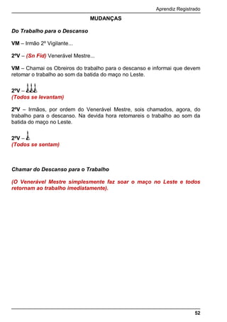 Aprendiz Registrado
52
MUDANÇAS
Do Trabalho para o Descanso
VM – Irmão 2º Vigilante...
2ºV – (Sn Fid) Venerável Mestre...
VM – Chamai os Obreiros do trabalho para o descanso e informai que devem
retomar o trabalho ao som da batida do maço no Leste.
2ºV –
(Todos se levantam)
2ºV – Irmãos, por ordem do Venerável Mestre, sois chamados, agora, do
trabalho para o descanso. Na devida hora retomareis o trabalho ao som da
batida do maço no Leste.
2ºV –
(Todos se sentam)
Chamar do Descanso para o Trabalho
(O Venerável Mestre simplesmente faz soar o maço no Leste e todos
retornam ao trabalho imediatamente).
 