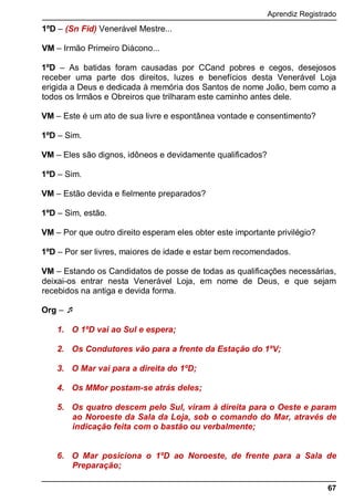 Aprendiz Registrado
67
1ºD – (Sn Fid) Venerável Mestre...
VM – Irmão Primeiro Diácono...
1ºD – As batidas foram causadas por CCand pobres e cegos, desejosos
receber uma parte dos direitos, luzes e benefícios desta Venerável Loja
erigida a Deus e dedicada à memória dos Santos de nome João, bem como a
todos os Irmãos e Obreiros que trilharam este caminho antes dele.
VM – Este é um ato de sua livre e espontânea vontade e consentimento?
1ºD – Sim.
VM – Eles são dignos, idôneos e devidamente qualificados?
1ºD – Sim.
VM – Estão devida e fielmente preparados?
1ºD – Sim, estão.
VM – Por que outro direito esperam eles obter este importante privilégio?
1ºD – Por ser livres, maiores de idade e estar bem recomendados.
VM – Estando os Candidatos de posse de todas as qualificações necessárias,
deixai-os entrar nesta Venerável Loja, em nome de Deus, e que sejam
recebidos na antiga e devida forma.
Org – 
1. O 1ºD vai ao Sul e espera;
2. Os Condutores vão para a frente da Estação do 1ºV;
3. O Mar vai para a direita do 1ºD;
4. Os MMor postam-se atrás deles;
5. Os quatro descem pelo Sul, viram à direita para o Oeste e param
ao Noroeste da Sala da Loja, sob o comando do Mar, através de
indicação feita com o bastão ou verbalmente;
6. O Mar posiciona o 1ºD ao Noroeste, de frente para a Sala de
Preparação;
 