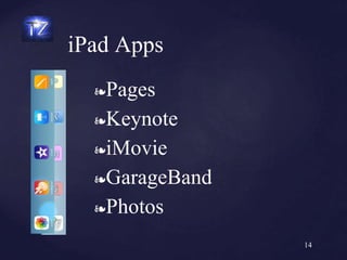 ❧Pages
❧Keynote
❧iMovie
❧GarageBand
❧Photos
iPad Apps
14
 