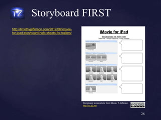 Storyboard FIRST
28
http://timothyjefferson.com/2012/06/imovie-
for-ipad-storyboard-help-sheets-for-trailers/
Storyboard screenshots from iMovie. T.Jefferson
http://cc.tj2.me
 