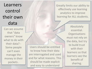 Learners
control
their own
data
Absolutely
essential.
Organisations
must not rely on
the data, but try
to build trust
with their
learners so that
learners see the
benefit of
sharing.
Can we assume
that "data
owners" know
what to do with
their data? -
Some people
can't even
manage the
money in their
pockets .
Users should be entitled
to know how their data
are interrogated and used
and for what reasons. This
should be made explicit
and easy to understand
Greatly limits our ability to
effectively use learning
analytics to improve
learning for ALL students.
 