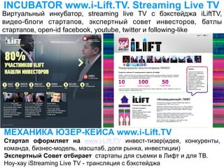 INCUBATOR www.i-Lift.TV. Streaming Live TV
Виртуальный инкубатор, streaming live TV с бэкстейджа iLiftTV,
видео-блоги стартапов, экспертный совет инвесторов, батлы
стартапов, open-id facebook, youtube, twitter и following-like




МЕХАНИКА ЮЗЕР-КЕЙСА www.i-Lift.TV
Стартап оформляет на www.i-Lift.TV инвест-тизер(идея, конкуренты,
команда, бизнес-модель, масштаб, доля рынка, инвестиции)
Экспертный Совет отбирает стартапы для съемки в Лифт и для ТВ.
Ноу-хау iStreaming Live TV - трансляция с бэкстейджа
 