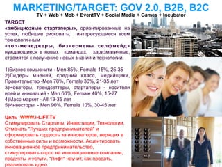 MARKETING/TARGET: GOV 2.0, B2B, B2C
            TV + Web + Mob + EventTV + Social Media + Games + Incubator
TARGET
«амбициозные стартаперы», ориентированные на
успех, любящие рисковать, интересующиеся всем
технологичным
«топ-менеджеры, бизнесмены селфмейд»
нуждающиеся в новых командах, харизматичные,
стремятся к получению новых знаний и технологий.

1)Бизнес-комьюнити - Men 85%, Female 15%, 25-35
2)Лидеры мнений, средний класс, медийщики,
Правительство -Men 70%, Female 30%, 21-35 лет
3)Новаторы, трендсеттеры, стартаперы - носители
идей и инноваций - Men 60%, Female 40%, 15-27
4)Масс-маркет - All,13-35 лет
5)Инвесторы - Men 90%, Female 10%, 30-45 лет

Цель WWW.i-LIFT.TV
Стимулировать Стартапы, Инвестиции, Технологии.
Отмечать "Лучших предпринимателей" и
сформировать гордость за инноваторов, верящих в
собственные силы и возможности. Акцентировать
инновационное предпринимательство,
стимулировать спрос на инновационные компании,
продукты и услуги. "Лифт" научит, как продать,
реализовать идею.
 
