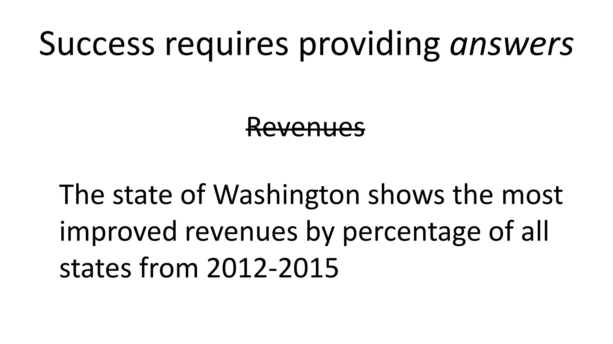 Success requires providing answers
Revenues
The state of Washington shows the most
improved revenues by percentage of all
states from 2012-2015
 