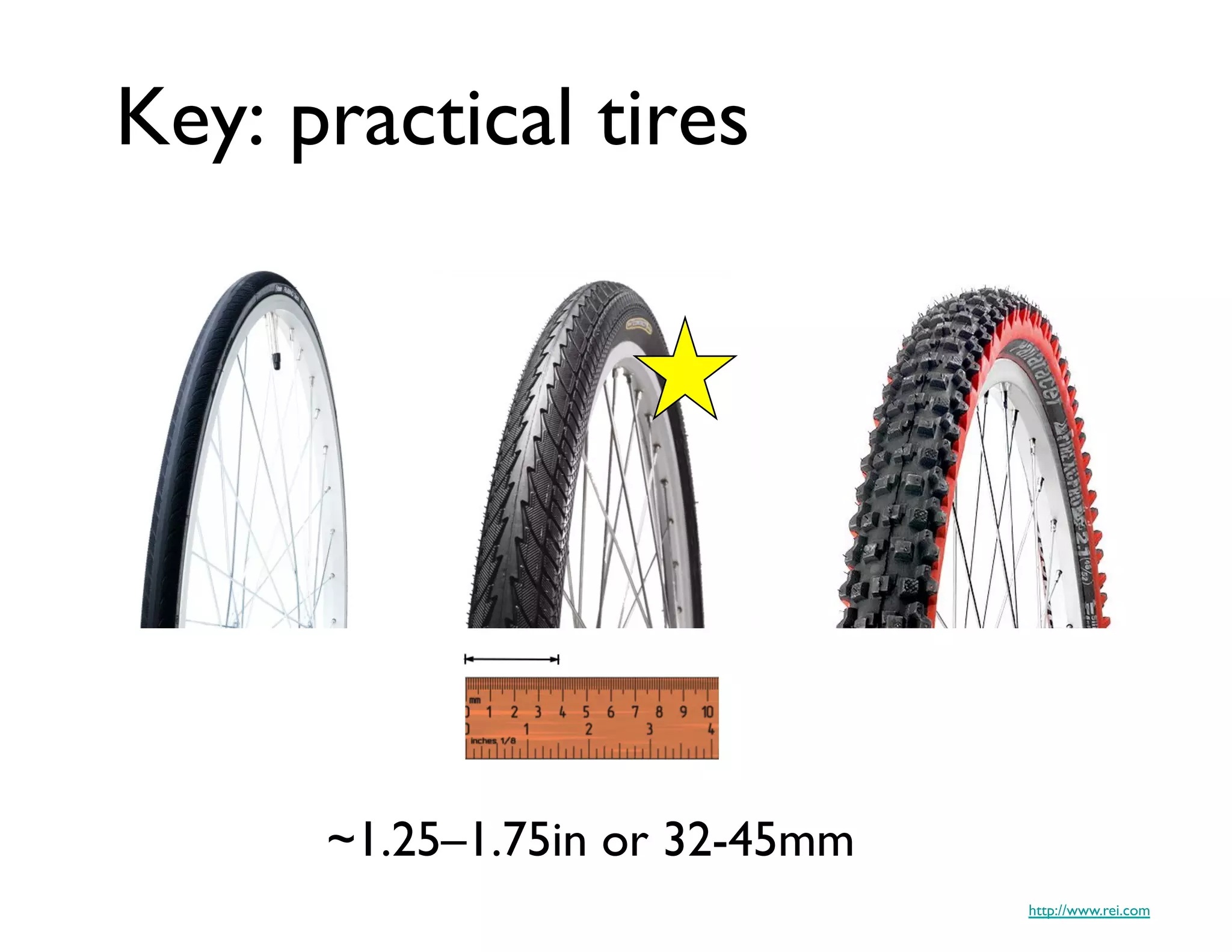 Key: practical tires	





       ~1.25–1.75in or 32-45mm	

                                    http://www.rei.com	

 