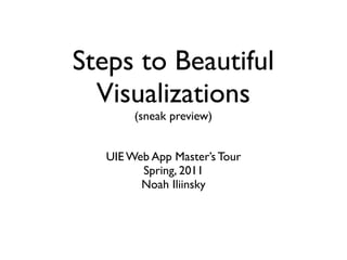 Steps to Beautiful
  Visualizations
        (sneak preview)


   UIE Web App Master’s Tour
         Spring, 2011
         Noah Iliinsky
 