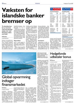 30 Børsen                                                                                      FINANS                                                                                     Fredag den 27. april 2007




Væksten for
                                                                                                                                             Indt.    Res.f.sk. Resultat Dagskurs      Indt.    Resultat Udlån Dagskurs
                                                                                                                                            +45% –71% –68% –2,5%                      +50% +6% +37% –1,7%

                                                                                                                                           Straumur-Burdarás                         Kaupthing Bank



islandske banker
                                                                                                                                           Koncern                1. kvt.   1.kvt.   Koncern              1. kvt.     1.kvt.
                                                                                                                                           mio. EUR                2007     2006     mio. ISK              2007       2006

                                                                                                                                           Nettorenteindt.        11,2        5,5    Nettorenteindt.       16.265    10.484
                                                                                                                                           Gebyr- & provis.indt. 30,3        27,0    Gebyr- & provis.indt. 12.337     8.602
                                                                                                                                           Rente- & gebyrindt.    58,6       40,4    Rente- & gebyrindt. 28.602      19.086




bremser op
                                                                                                                                           Kursreguleringer      -38,7       62,7    Kursreguleringer      13.456    13.505
                                                                                                                                           Omkst. & afskrivn.     12,3        8,6    Omkst. & afskrivn. 17.707       12.552
                                                                                                                                           Tab og hensæt.          2,9        3,0    Tab og hensæt.         1.423       710
                                                                                                                                           Resultat før skat      77,4      264,4    Resultat før skat     24.930    22.189
                                                                                                                                           Perioderesultat        69,2      217,5    Perioderesultat       20.694    19.594

                                                                                                                                           Udlån                 1.706,9      i.o.   Udlån           2.559.121 1.870.318
                                                                                                                                           Indlån                2.269,0      i.o.   Indlån            892.170 548.281
                                                                                                                                           Egenkapital           1.539,5      i.o.   Egenkapital       313.900 223.888
To islandske ban-                kapitalforrentningen blev
                                 på 27,6 pct. mod 42 pct. for
                                                                      fordoblet, og det er lykkedes
                                                                      at tiltrække nogle særdeles
                                                                                                         Straumur-Burdaras          kom
                                                                                                         med regnskab i går, samtidig
                                                                                                                                           Balancesum            5.191,6      i.o.   Balancesum      4.198.385 3.071.244
ker er kommet                    hele 2006.                           attraktive medarbejdere,«          med at det blev meddelt, at       Egenkap.forr., pct.     4,98         –    EK-forr. f. skat, pct.   7,7      10,4
                                   »Første kvartal sidste år          siger Sigurdsson.                  der vil blive åbnet et kontor
med kvartalsregn-                var fantastisk, og regnskabet          På trods af det islandske        i Stockholm. Investerings-
                                                                                                                                           Udlån/egenkapital
                                                                                                                                           Omkostningspct.
                                                                                                                                                                   1,11
                                                                                                                                                                   13,2
                                                                                                                                                                                –
                                                                                                                                                                                –
                                                                                                                                                                                     EK-forr. e. skat, pct.
                                                                                                                                                                                     Indtj./omkst. kr.
                                                                                                                                                                                                              6,4
                                                                                                                                                                                                             2,30
                                                                                                                                                                                                                        9,2
                                                                                                                                                                                                                       2,67
skaber, der viser                sidste år var bl.a. også påvir-
                                 ket af salget af aktier i Exista,
                                                                      ejerskab har FIH beholdt sit
                                                                      eget navn og identitet. Så-
                                                                                                         bankens bundlinje faldt i
                                                                                                         første kvartal til 69,2 mio.
                                                                                                                                           Antal ansatte           117        i.o.   Udlån/egenkapital       8,15      8,35
                                                                                                                                           www.straumur.net                          Resultat pr. aktie, ISK 26,7      27,8
lidt lavere vækst                men eksklusive engangspo-            dan vil det formentlig fort-       euro (516 mio. kr.) mod 217,5                                               Antal ansatte, gns. 2.805          i.o.
                                 ster var egenkapitalforrent-         sætte.                             mio. euro i første kvartal sid-
end hidtil                       ningen på 28 pct. i 2006,              »Indtil nu har vi anset det      ste år. 2006-tallene var dog                                                Adm. direktør: Hreidar Már Sigurdsson
                                 det vil sige på samme niveau         for vigtigt at holde den se-       påvirket af et salg af en ak-                                               Bestyrelsesformand: Sigurdur Einarsson
I Banker                         som første kvartal i år,« siger      parate identitet, bl.a. fordi      tiepost på 21,1 pct. i Islands-                                             www.kaupthing.com
                                 koncernchef Hreidar Már              FIH-navnet er meget kendt          banki, der i dag hedder Glit-
AF DAVID BENTOW                  Sigurdsson til Børsen.               og respekteret på de euro-         nir.                              19,9 pct. svarer til vores mål-           dende investeringsbank i
                                                                      pæiske obligationsmarke-                                             sætning om 15 pct. årligt til-            Norden, og vi foretager fort-
Væksten i de islandske ban-      Meget tilfreds                       der, hvor de henter kapital.       Fantastisk år                     lagt den risikofrie rente,«               sat nyansættelser, også i
ker, der de seneste år har                                            Og i England bruger vi og-                                           siger koncernchef Fidrik                  Danmark, hvor vi kan note-
været nærmest eksplosiv,         Han er i øvrigt »meget til-          så fortsat Singer & Fried-         »Begyndelsen af 2006 var          Jóhannsson til Børsen.                    re markant fremgang for vo-
er ved at stilne lidt af. For    freds« med udviklingen i             lander-navnet,« siger Hrei-        helt fantastisk på aktiemar-        Han vil dog ikke love, at               res corporate ﬁnance-akti-
Kaupthing Bank steg bund-        Kaupthings største datter-           dar Már Sigurdsson, der dog        kederne, og det afspejlede        banken opfylder målsætnin-                viteter, og en god udvikling
linjen i første kvartal med      bank, danske FIH Erhvervs-           direkte adspurgt siger, at         sig i vores resultat. Men i år    gen for egenkapitalforrent-               inden for vores ejendoms-
7,9 pct. i forhold til samme     bank.                                det »ikke er utænkeligt,« at       har vi fortsat kunne notere       ningen for hele 2007, fordi               rådgivning og låneforretnin-
periode sidste år, til 20,3        »Siden vi blev ejere af FIH        FIH på et tidspunkt vil skifte     vækst i både nettorente- og       investeringsbanken fortsat                ger,« siger Johannsson.
mia. islandske kronur (2,1       i 2004, er både antallet af          navn til Kaupthing.                gebyrindtægterne, og vores        ekspanderer kraftigt.
mia. danske kr.), mens egen-     ansatte og bundlinjen blevet         Også     investeringsbanken        egenkapitalforrentning på         »Vi ønsker at være den le-                           david.bentow@borsen.dk




                                                                                                       Global opvarmning skaber
                                                                                                       ikke kun indsøer i en ellers
                                                                                                       tilfrossen norsk fjord, den giver   Hedgefonde
                                                                                                                                           udbetaler bonus
                                                                                                       også storbanken UBS
                                                                                                       mulighed for at oprette et nyt
                                                                                                       ﬁnansielt indeks. Foto:Scanpix

                                                                                                       andringer, og som samtidig          I Bonus                                   dan. I gennemsnit er lønnen
                                                                                                       har en unik egenskab i og                                                     fordoblet på to år.
                                                                                                       med indeksets udvikling er          AF SIMON R. NIELSEN                          Bag de enorme lønninger
                                                                                                       helt uafhængig af bevægel-                                                    gemmer sig en mere struk-
                                                                                                       serne på aktie- og obligati-        LONDON – Selv om hedge-                   turel historie om en enorm
                                                                                                       onsmarkedet.                        fond-industrien       generelt            tilstrømning af ny kapital,
                                                                                                          I de senere år er marke-         møder stigende kritik for                 da især pensionskasser og
                                                                                                       det for vejr-kontrakter ste-        høje omkostninger og for la-              andre institutionelle inve-
                                                                                                       get betragteligt på Chicago         ve afkast, fejler evnen til at            storer jagter det lille meraf-
                                                                                                       Mercantile Exchange. I åre-         forgylde personerne bag ik-               kast i forhold til markedet,
                                                                                                       ne 2005 udgjorde værdien            ke noget.                                 der er så afgørende.
                                                                                                       af handlede kontrakter 53,4           Undersøgelsen af bonus-                    Samtidig kan mange
                                                                                                       mia. kr. Sidste år steg mar-        betalinger i 2006 er foreta-              hedgefonde tilbyde en langt
                                                                                                       kedet til næsten 250 mia.           get af investeringsmagasinet              højere grad af beskyttelse
                                                                                                       kr., viser en analyse fra Pri-      Alpha Magazine, der kan be-               i dårlige tider, da de i mod-
                                                                                                       cewaterhouse ifølge Finan-          rette at hele tre personer har            sætning til traditionelle in-


Global opvarmning
                                                                                                       cial Times.                         brudt den magiske grænse                  vesteringsfonde benytter sig
                                                                                                          »Global opvarmning har           på 1 mia. dollar. Godt nok er             af derivatmarkedet for at af-
                                                                                                       skabt mere volatilitet i tem-       den amerikanske valuta svag               dække og optimere afkast og
                                                                                                       peraturer og vejrforhold,           for tiden, men de spekulati-              risiko i porteføljen.


indtager
                                                                                                       hvilket har medført stør-           ve og avancerede fonde har                   Uanset baggrunden vil de
                                                                                                       re likviditet i handlen med         eftertrykkeligt og endnu en-              store lønninger blive anset
                                                                                                       vejr-derivater,« siger direk-       gang bevist, at de bedst for-             som endnu et eksempel på
                                                                                                       tøren for handel med hybri-         mår at aﬂønne stjernerne i                den grådighed, som mange


ﬁnansmarkedet
                                                                                                       de derivater, Ilija Murisic,        den ﬁnansielle sektor.                    fagforeninger og ﬂere politi-
                                                                                                       til Financial Times.                  Så her bringer vi en lille              kere hævder ﬂorerer blandt
                                                                                                          Tidligere i år har ﬁnans-        lønstatistik, som opgørelsen              hedgefonde og kapitalfon-
                                                                                                       huset Lehman Brothers               tager sig ud ifølge Financial             de, der beskyldes for at split-
                                                                                                       udsendt en meget omfat-             Times.                                    te selskaber og skære ned,
I Klima                          af verdens første indeks, der       Det er imidlertid første          tende rapport om de er-               Jim Simon fra Renaissan-                mens de forgylder sig selv og
                                 direkte er bundet op på un-         gang, at de mange mulighe-        hvervsmæssige og ﬁnan-              ce Technologies tjente 9,4                investorerne.
AF SIMON R. NIELSEN              derliggende forandringer i          der samles i et indeks, der       sielle konsekvenser af den          mia. kr.                                     Blandt investorer i hedge-
                                 klimaet.                            direkte kan afspejle de om-       globale opvarmning. Fi-               Ken Grifﬁn fra Citadel In-              fonde er der en større for-
LONDON – Klimaforan-               Det er storbanken UBS,            skiftelige vejrfænomener          nansmarkedets store inte-           vestment Group tjente 7,7                 ståelse for lønningerne, der
dringer er for alvor rykket      der står bag det nye Global         og udsving i temperaturen,        resse for klimaforandringer         mia. kr.                                  trods alt er bundet op på
til toppen af dagsordenen i      Warming Index, som rent             som menes at berøre den           blev for alvor vakt til live, da      Eddie Lampert fra ESL In-               fondenes afkast.
den globale ﬁnansielle sek-      teknisk er baseret på eksi-         globale opvarmning.               den tidligere verdensbank-          vestments tjente 7,2 mia. kr.                Typisk har hedgefondene
tor. I løbet af denne uge bli-   sterende ﬁnansielle instru-           Helt enkelt vil Global          økonom Nicholas Stern på              Sidste år formåede bare to              omkostninger efter det så-
ver det langt nemmere at         menter på råvarebørsen i            Warming Index stige, hvis         vegne af den britiske rege-         personer at runde den magi-               kaldte 2-20-princip. Det ko-
afdække risikoen eller ud-       Chicago. Her kan man alle-          temperaturen stiger.              ring konkluderede, at der           ske milliard målt i dollars.              ster 2 pct. om året i faste om-
nytte muligheden for, at der     rede i dag købe og sælge fu-          UBS har store ambitio-          er store økonomiske kon-              Hele listen med de 25 hø-               kostninger og 20 pct. af det
sælges mindre vintertøj og       tures-kontrakter, hvor det          ner om, at det ny indeks bli-     sekvenser, hvis den globale         jest betalte forvaltere tjen-             positive afkast.
ﬂere is i varmen.                underliggende aktiv er tem-         ver bredt forankret blandt        opvarmning fortsætter.              te 82,5 mia. kr., hvilket iføl-
   Seneste skud på stam-         peraturen i store amerikan-         investorer, der dels ønsker                                           ge Financial Times svarer til
men er nemlig lanceringen        ske byer.                           at sikre sig mod klimafor-                 simon.nielsen@borsen.dk    nationalindkomsten i Jor-                            simon.nielsen@borsen.dk
 