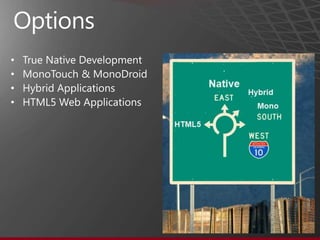OptionsTrue Native DevelopmentMonoTouch & MonoDroidHybrid ApplicationsHTML5 Web Applications