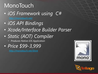 MonoDroidRuns Side By Side with Dalvik Virtual MachineExecutes .NET codeNative to the DeviceWraps Android Communications with Proxies