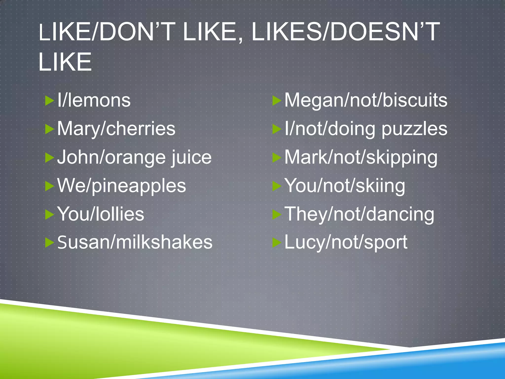 LIKE/DON’T LIKE, LIKES/DOESN’T
LIKE
I/lemons            Megan/not/biscuits
Mary/cherries       I/not/doing puzzles
John/orange juice   Mark/not/skipping
We/pineapples       You/not/skiing
You/lollies         They/not/dancing
Susan/milkshakes    Lucy/not/sport
 