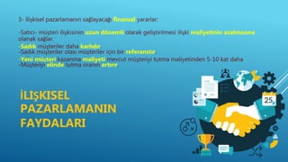 3- İlişkisel pazarlamanın sağlayacağı finansal yararlar:
-Satıcı- müşteri ilişkisinin uzun dönemli olarak geliştirilmesi ilişki maliyetinin azalmasına
olanak sağlar.
-Sadık müşteriler daha karlıdır.
-Sadık müşteriler olası müşteriler için bir referanstır.
-Yeni müşteri kazanma maliyeti mevcut müşteriyi tutma maliyetinden 5-10 kat daha
-Müşteriyi elinde tutma oranın artırır.
İLIŞKISEL
PAZARLAMANIN
FAYDALARI
 