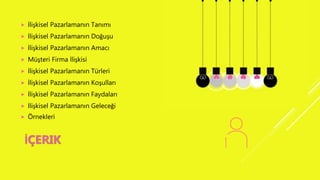  İlişkisel Pazarlamanın Tanımı
 İlişkisel Pazarlamanın Doğuşu
 İlişkisel Pazarlamanın Amacı
 Müşteri Firma İlişkisi
 İlişkisel Pazarlamanın Türleri
 İlişkisel Pazarlamanın Koşulları
 İlişkisel Pazarlamanın Faydaları
 İlişkisel Pazarlamanın Geleceği
 Örnekleri
İÇERIK
 