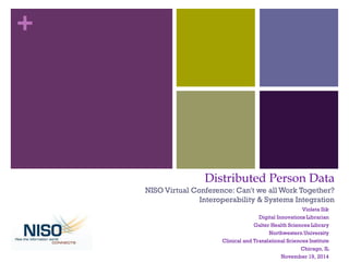 + 
Distributed Person Data NISO Virtual Conference: Can't we all Work Together? Interoperability & Systems Integration 
Violeta Ilik 
Digital Innovations Librarian 
Galter Health Sciences Library 
Northwestern University 
Clinical and Translational Sciences Institute 
Chicago, IL 
November 19, 2014 
 