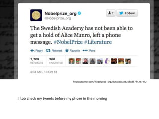 “Food, Water, Shelter and Facebook”
“Connection is a profound and
basic need.”

(Matthew Lieberman - "Social: Why Our Brains Are Wired to Connect")

Article in Aljazeera America by Carlin Flora
http://america.aljazeera.com/articles/2013/10/12/food-watershelterandfacebook.html

 