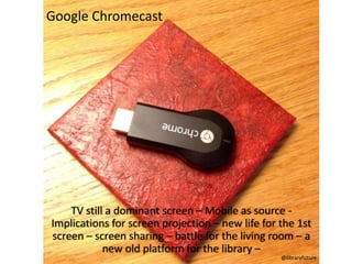 “Reading Literary Fiction Improves
Theory of Mind” – Science
• “experiments showing that reading literary fiction led to
better performance on tests of affective ToM”
http://www.sciencemag.org/content/early/2013/10/02/science.1239918.abstract?sid=f192d0cc-1443-4bf1-a043-61410da39519

• Reading is social because you enter an imaginary social
environment.
• Libraries and people intelligence
• A rethinking of value from traditional librarian intelligences

 