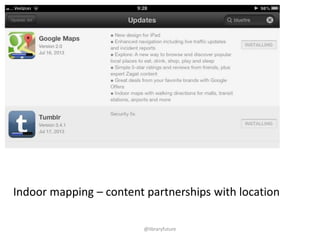 "very first data storage system" may have been discovered
http://news.discovery.com/history/archaeolog
y/clues-to-prehistoric-code-foundinmesopotamia-131011.htm

- Wall Street use – The Impermanence of Messages - Library
Archiving Issues? – Communication Around Pictures – From
cultural norms to communication assets –

Snapchat
- people do want default of privacy in apps – Providing
reference in Snapchat
@libraryfuture

 
