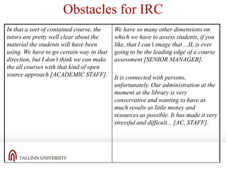 Obstacles for IRC
In that a sort of contained course, the
tutors are pretty well clear about the
material the students will have been
using. We have to go certain way in that
direction, but I don’t think we can make
the all courses with that kind of open
source approach [ACADEMIC STAFF].

We have so many other dimensions on
which we have to assess students, if you
like, that I can’t image that ...IL is ever
going to be the leading edge of a course
assessment [SENIOR MANAGER].
It is connected with persons,
unfortunately. Our administration at the
moment at the library is very
conservative and wanting to have as
much results as little money and
resources as possible. It has made it very
stressful and difficult... [AC. STAFF].

 