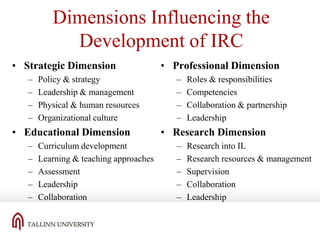 Dimensions Influencing the
Development of IRC
• Strategic Dimension
–
–
–
–

Policy & strategy
Leadership & management
Physical & human resources
Organizational culture

• Educational Dimension
–
–
–
–
–

Curriculum development
Learning & teaching approaches
Assessment
Leadership
Collaboration

• Professional Dimension
–
–
–
–

Roles & responsibilities
Competencies
Collaboration & partnership
Leadership

• Research Dimension
–
–
–
–
–

Research into IL
Research resources & management
Supervision
Collaboration
Leadership

 