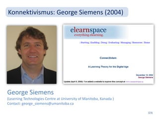 Konnektivismus: George Siemens (2004)




George Siemens
(Learning Technologies Centre at University of Manitoba, Kanada )
Contact: george_siemens@umanitoba.ca

                                                                    (23)
 