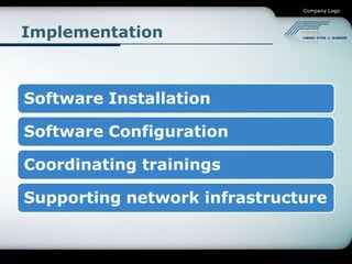 Company Logo




Implementation



Software Installation

Software Configuration

Coordinating trainings

Supporting network infrastructure
 