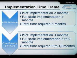 Company Logo




 Implementation Time Frame
               • Pilot implementation 2 months
               • Full scale implementation 4
                 months
ATM Software
               • Total time required 6 months


               • Pilot implementation 3 months
               • Full scale implementation 6 to 9
Core Banking     months
  Software     • Total time required 9 to 12 months
 
