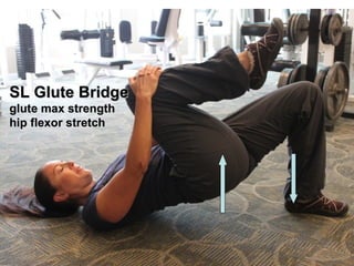 SL Glute Bridge
glute max strength
hip flexor stretch
 
