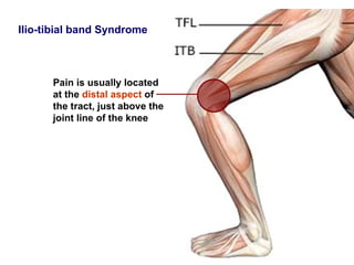 Ilio-tibial band Syndrome



      Pain is usually located
      at the distal aspect of
      the tract, just above the
      joint line of the knee
 