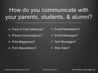 How do you communicate with
your parents, students, & alumni?
Face to Face Meetings?
Phone Conversations?
Print Magazines?
Print Newsletters?
http://www.ou.edu/education.html http://ntouch.ou.edu Scott Watkins, swatkins@ou.edu
Email Newsletters?
Email Messages?
Text Messages?
Web Sites?
 