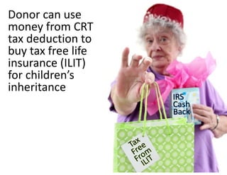 Donor can use 
money from CRT 
tax deduction to 
buy tax free life 
insurance (ILIT) 
for children’s 
inheritance
 