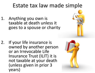 Estate tax law made simple
1. Anything you own is 
   taxable at death unless it 
   goes to a spouse or charity


2.  If your life insurance is 
    owned by another person 
    or an Irrevocable Life 
    Insurance Trust (ILIT) it is 
    not taxable at your death 
    (unless given in prior 3 
    years)
 