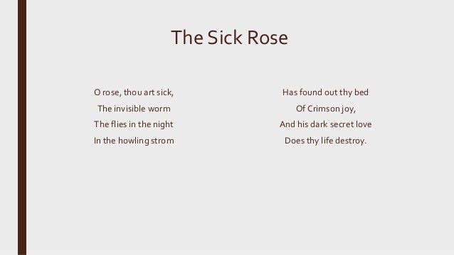 the sick rose interpretation 'o rose thou art sick': floral symbolism in william blake's poetry songs of innocence and songs of experience it can be interpreted a. the sick rose interpretation 'o rose thou art sick': floral symbolism in william blake's poetry songs of innocence and songs of experience it can be interpreted a.
