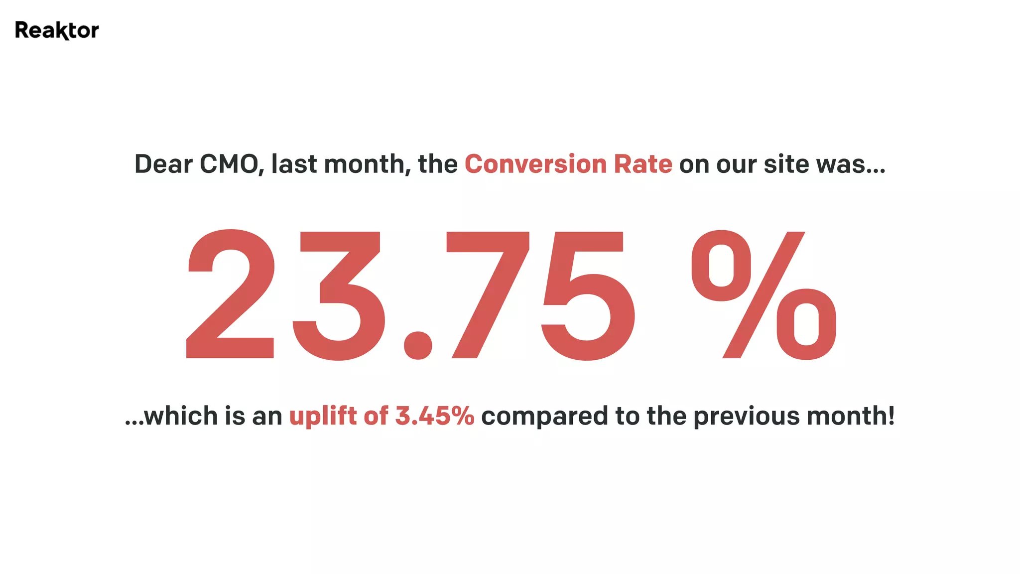 23.75 %
Dear CMO, last month, the Conversion Rate on our site was…
…which is an uplift of 3.45% compared to the previous month!
 
