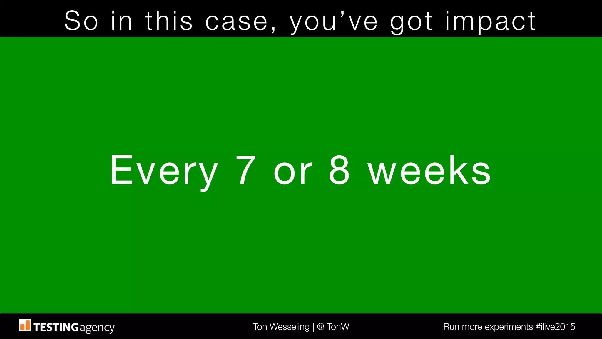 Ton Wesseling | @ TonW
 Run more experiments #ilive2015
So in this case, you’ve got impact
Every 7 or 8 weeks
 